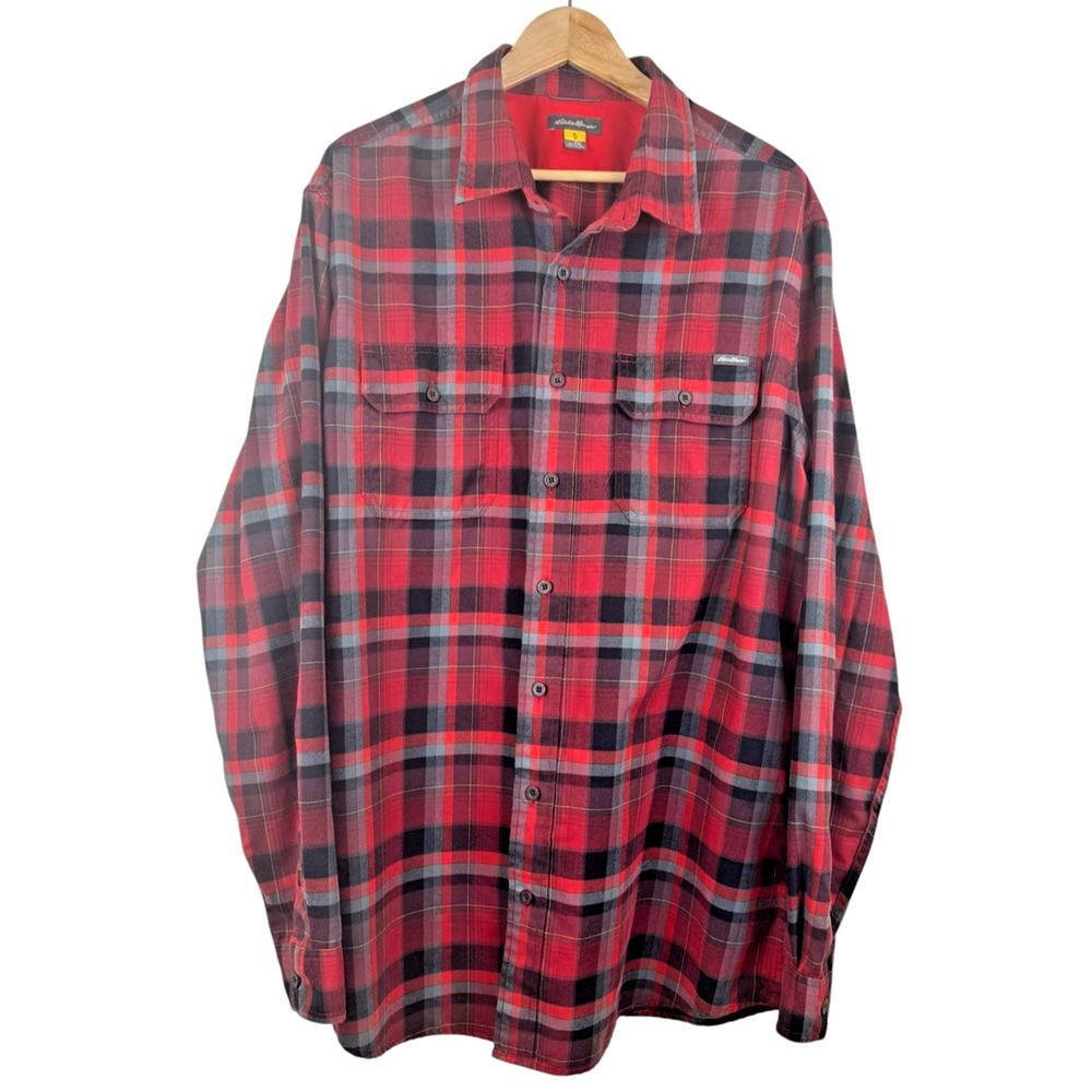 Eddie Bauer Shirt Mens XLT Tall Red Travex Flannel Plaid Tech Gorpcoreโ Hiking